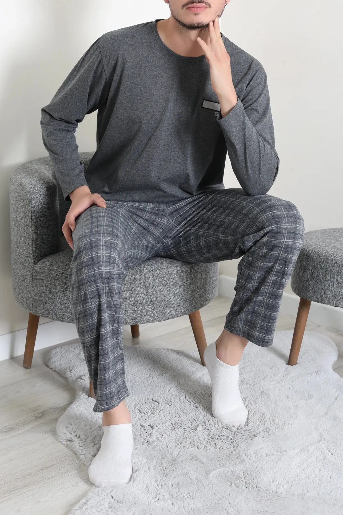 Süprem Ekose Erkek Pijama Takımı Füme