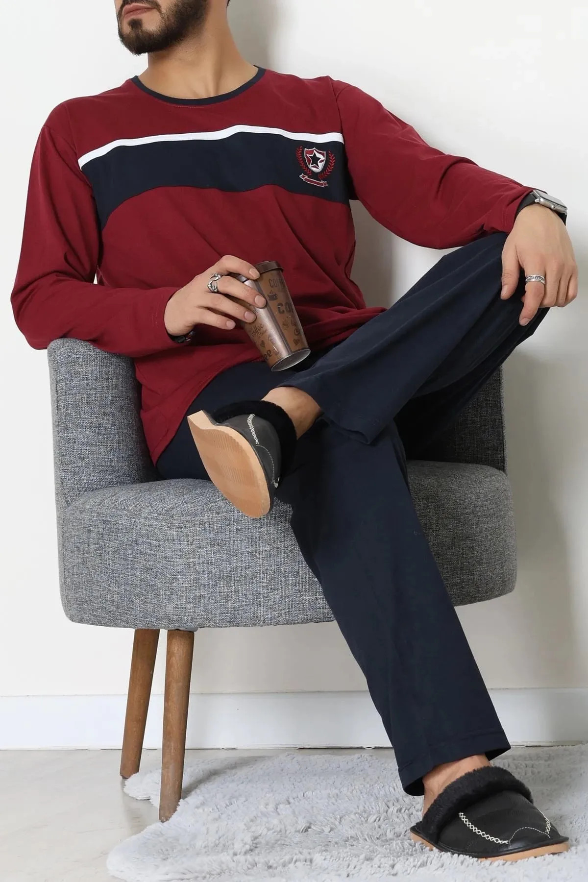 Süprem Baskılı Erkek Pijama Takımı Bordo