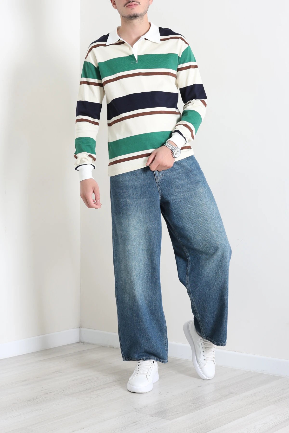 Polo Yaka Çizgili İnterlok Erkek Sweat Yeşilbeyaz