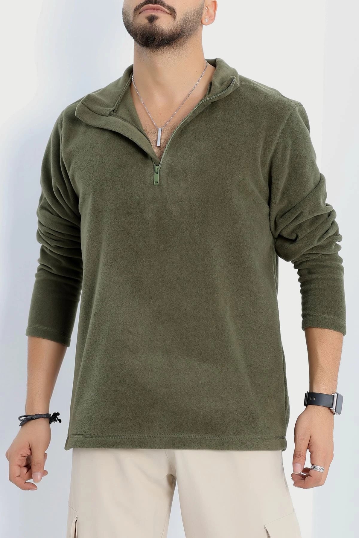 Yarım Fermuar Erkek Polar Sweat Haki