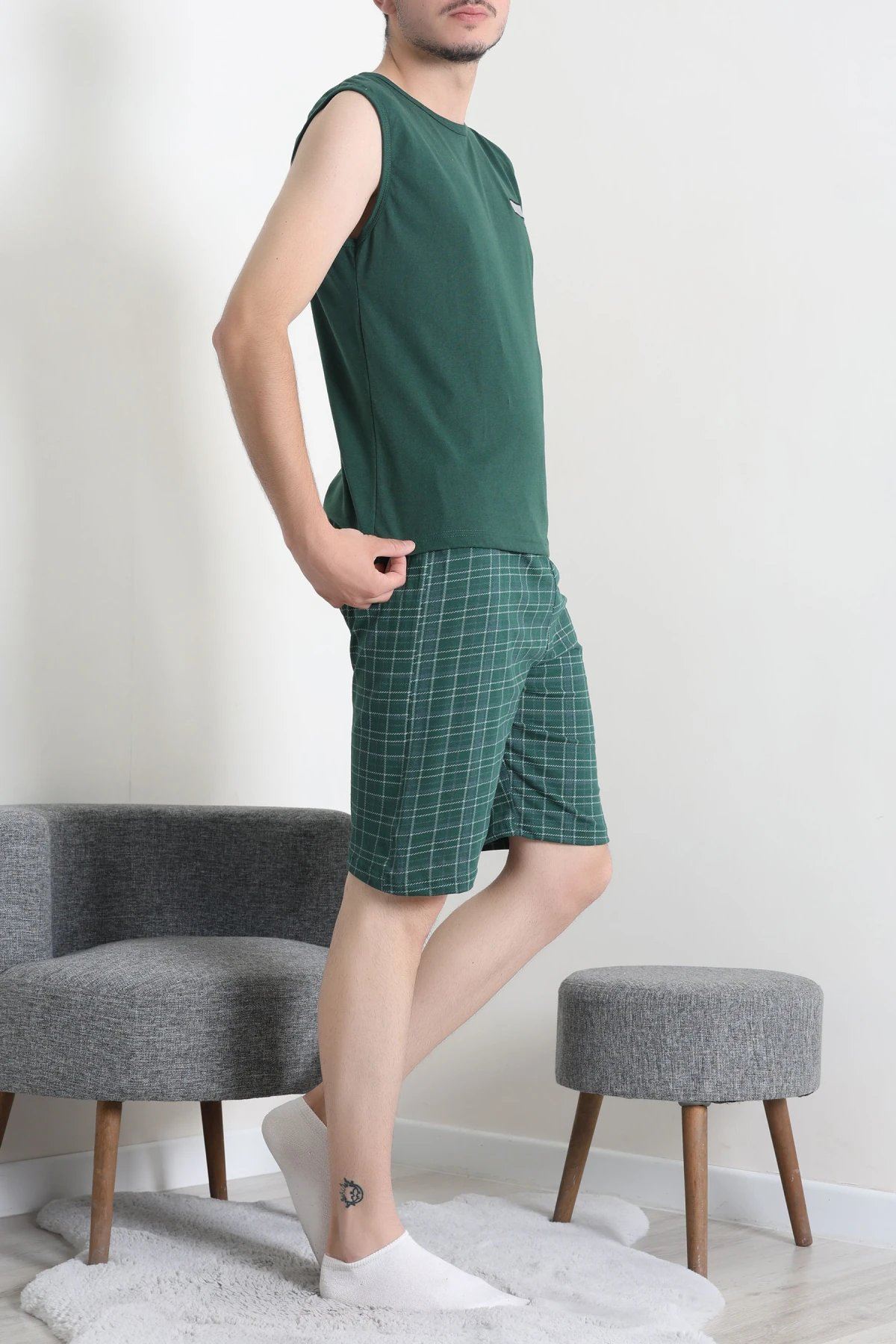 Süprem Ekose Şortlu Erkek Pijama Takım Yeşil