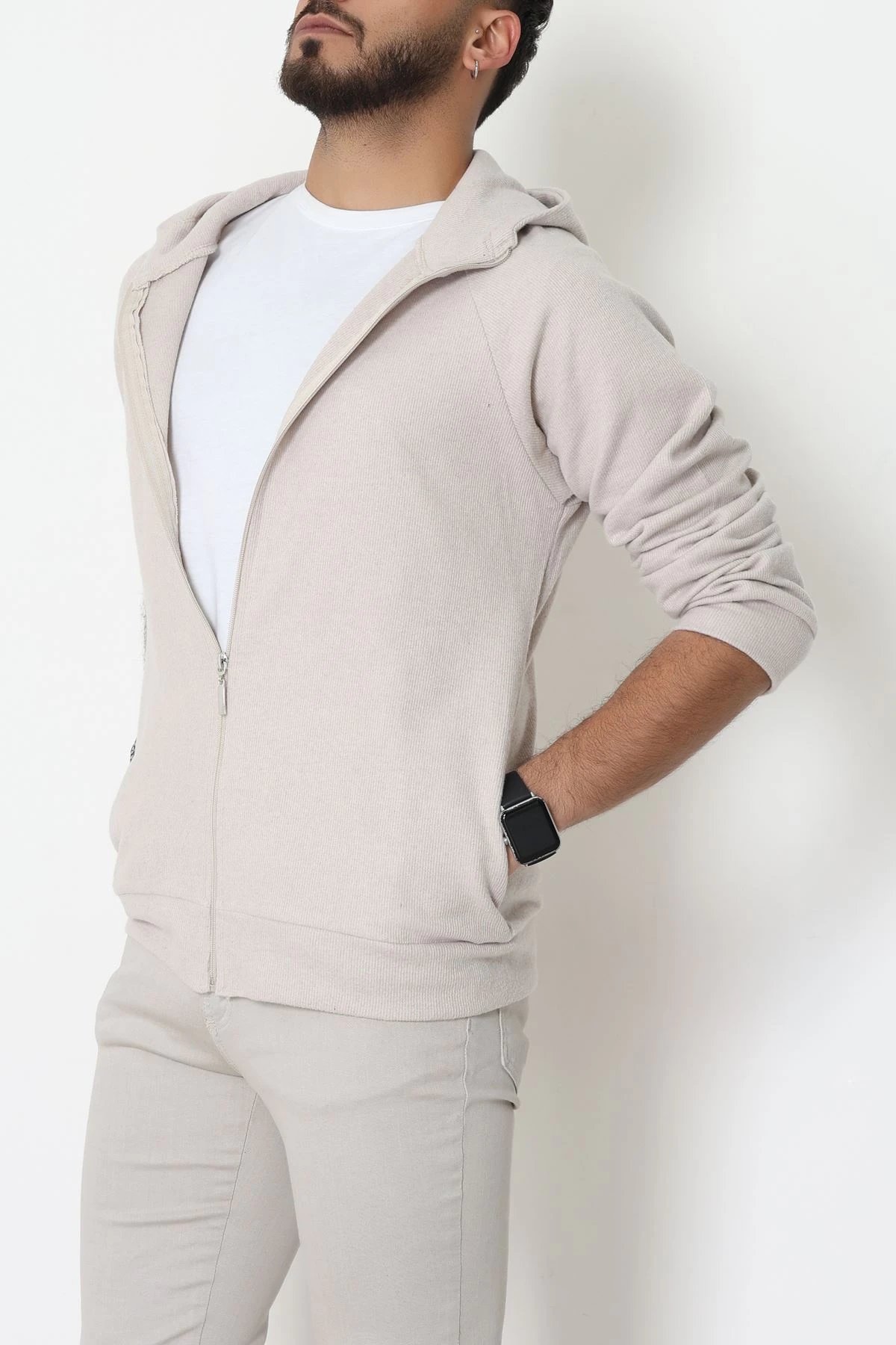 Selanik Kumaş Kapşonlu Erkek Sweat Taş