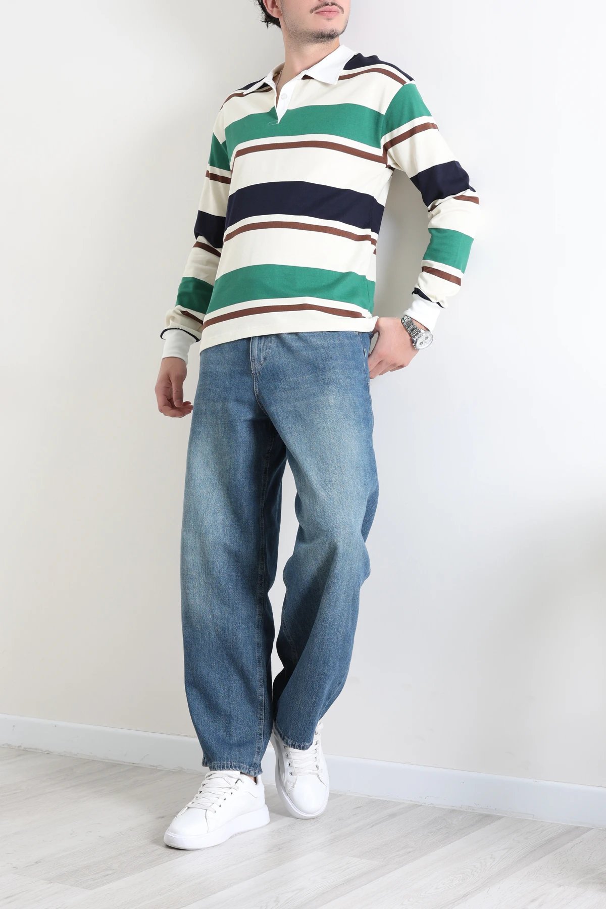 Polo Yaka Çizgili İnterlok Erkek Sweat Yeşilbeyaz
