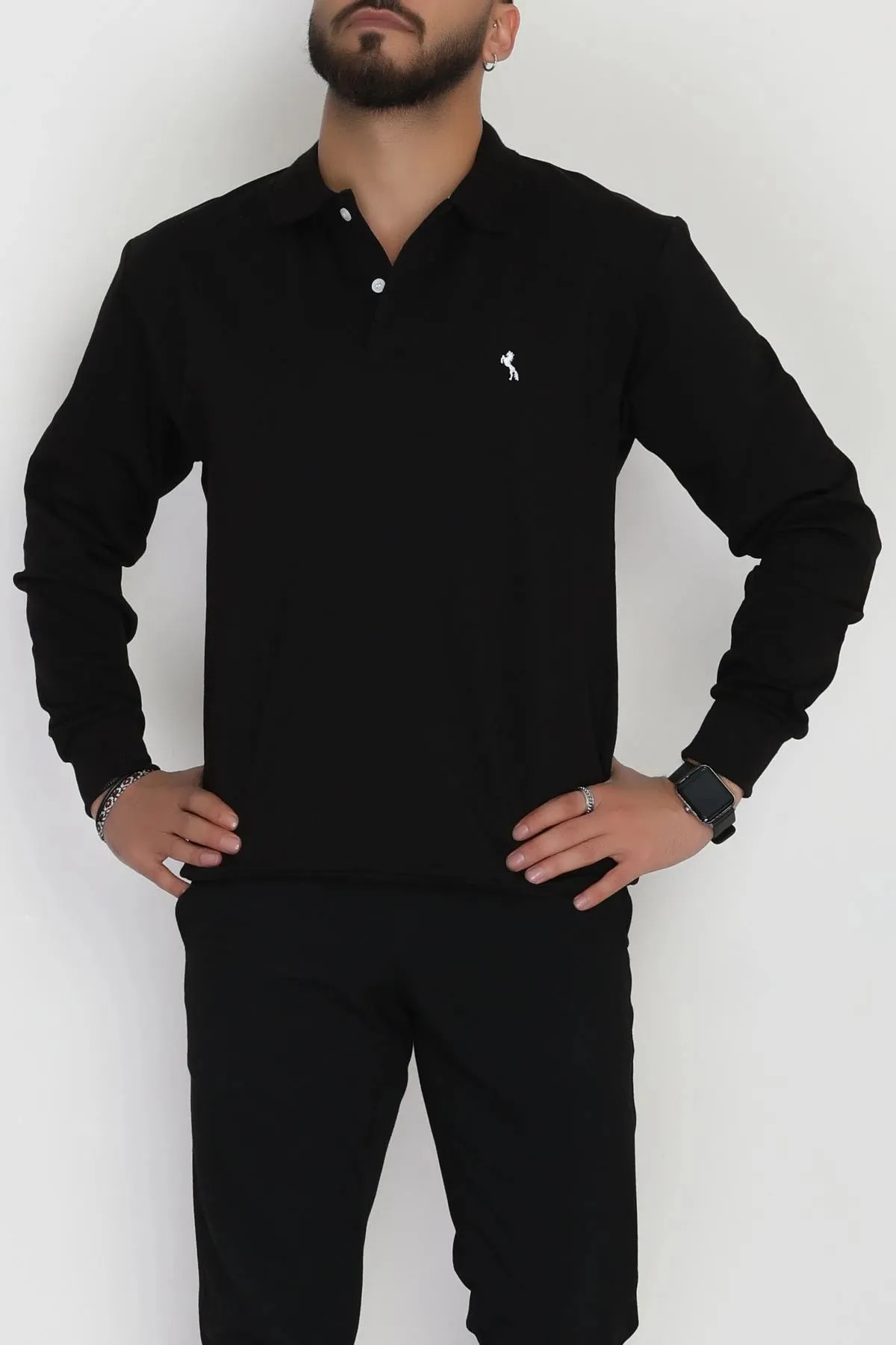 2 İplik Likralı Polo Yaka Erkek Sweat Siyah