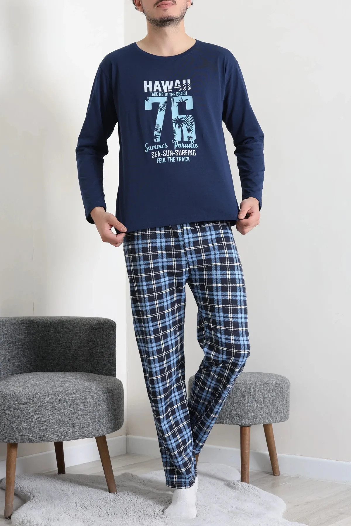Baskılı Erkek Pijama Takımı İndigo