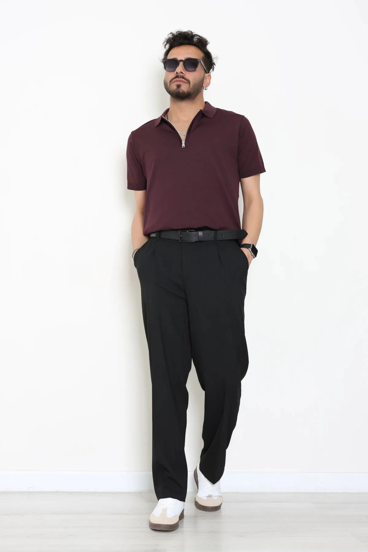 Erkek Premium Fermuarlı Polo Yaka Triko Tişört Mürdüm