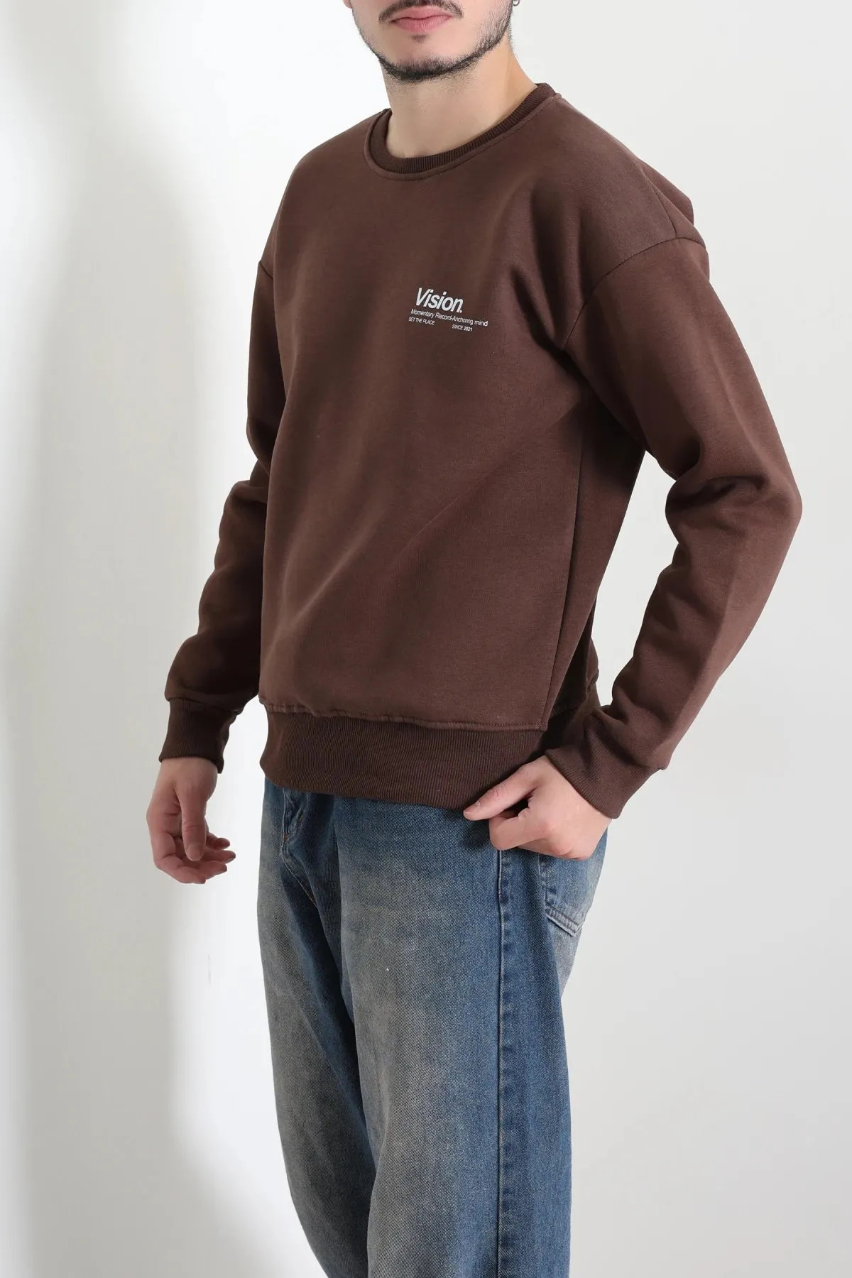 Bisiklet Yaka Baskılı Şardonlu 3 İplik Erkek Sweat Açık Kahve