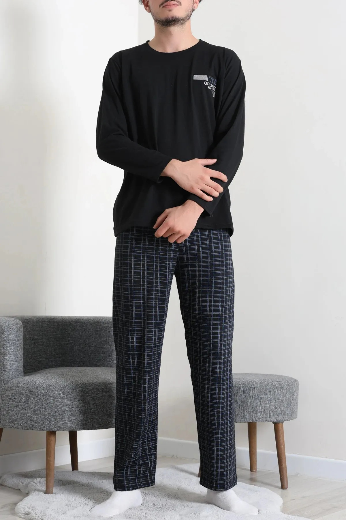 Süprem Ekose Erkek Pijama Takımı Siyah