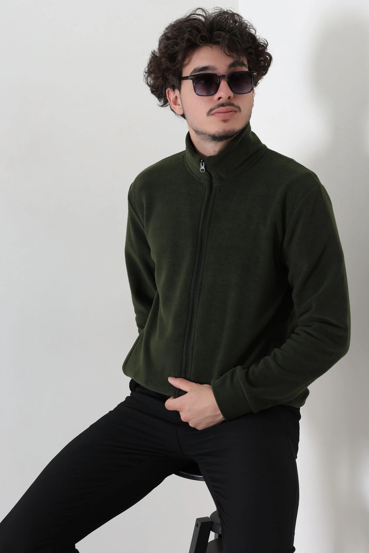 Polar Fleto Cepli Fermuarlı Erkek Sweat Haki