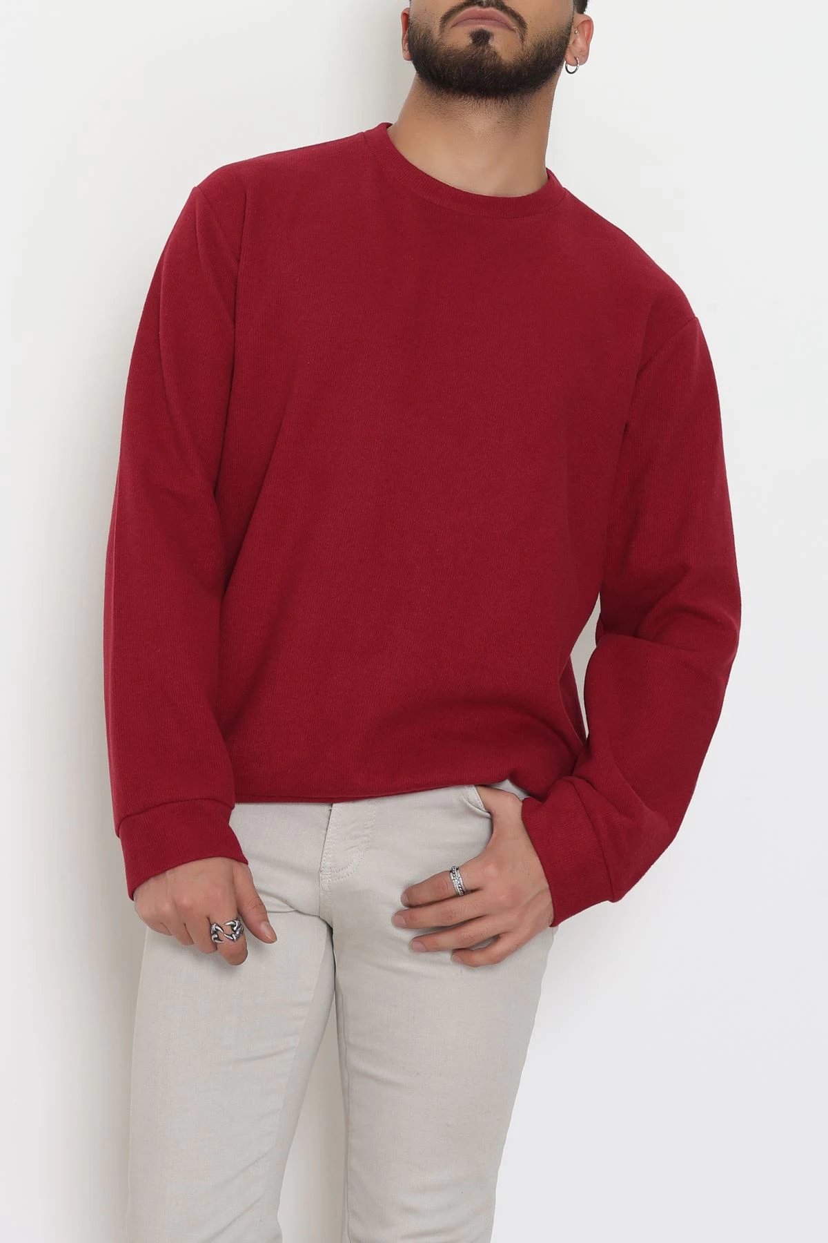 Bisiklet Yaka Selanik Kumaş Erkek Sweat Bordo