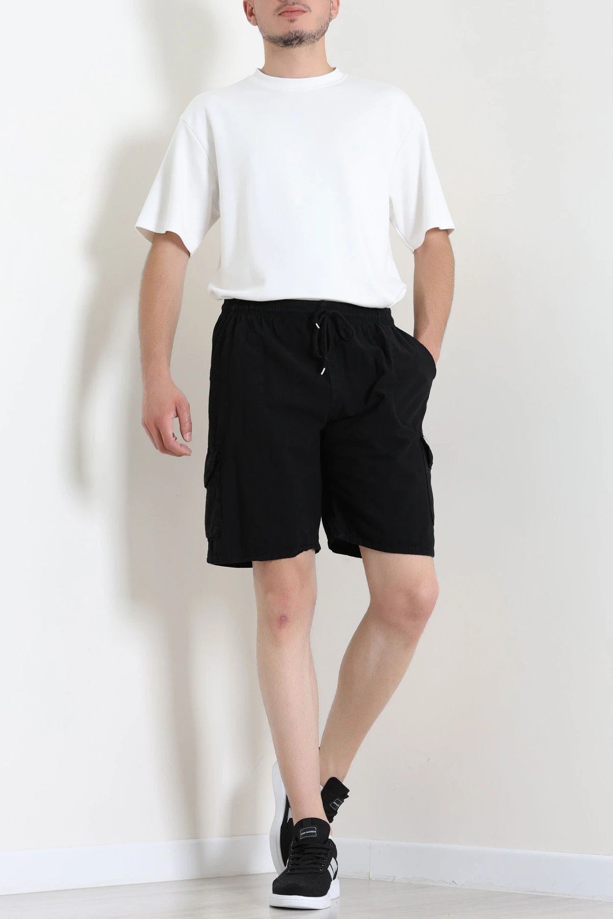 Keten Beli Lastik Kargo Cep Şort Siyah - 75184.2170.