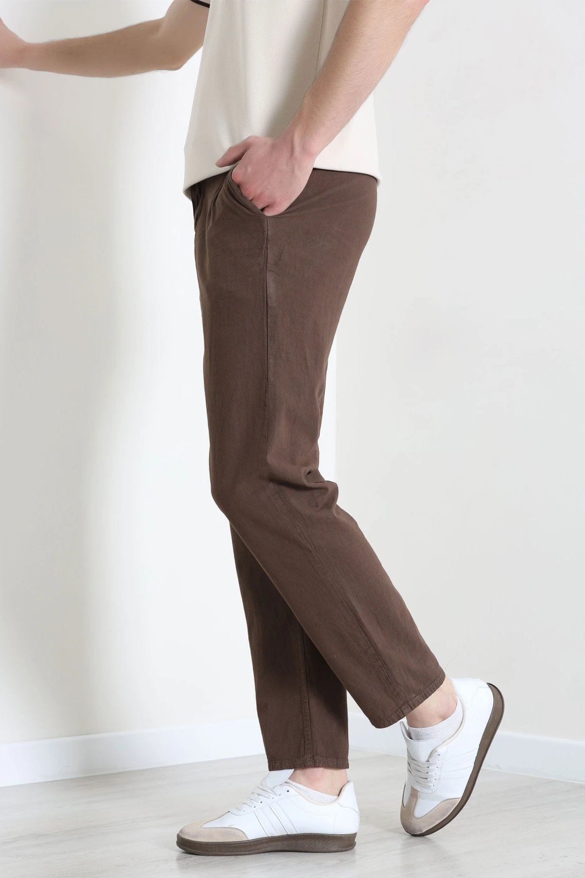 Regular Fit Keten Erkek Pantolon Kahve - 71879.1947.