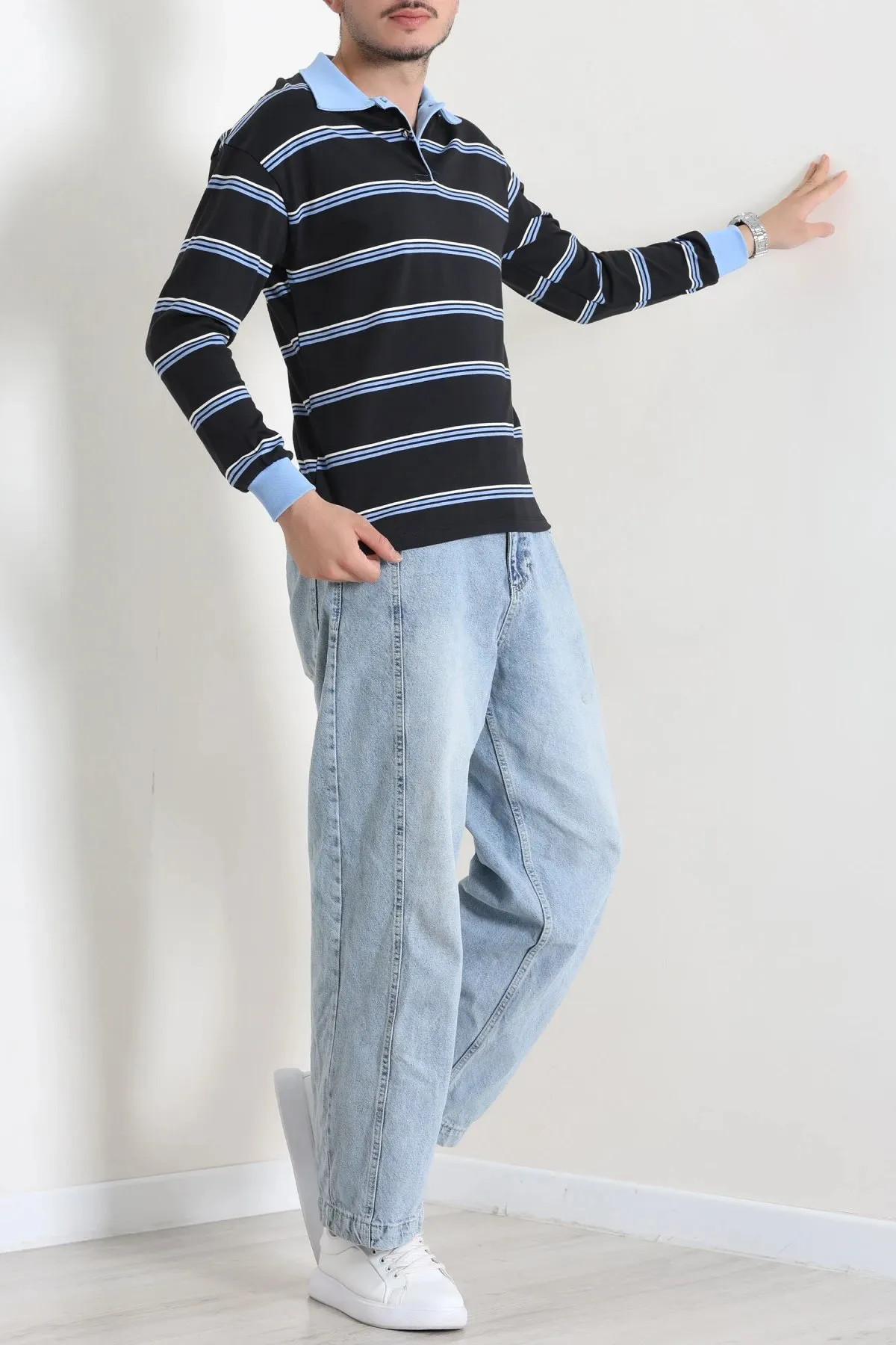 Polo Yaka Çizgili İnterlok Erkek Sweat Lacivertsarı
