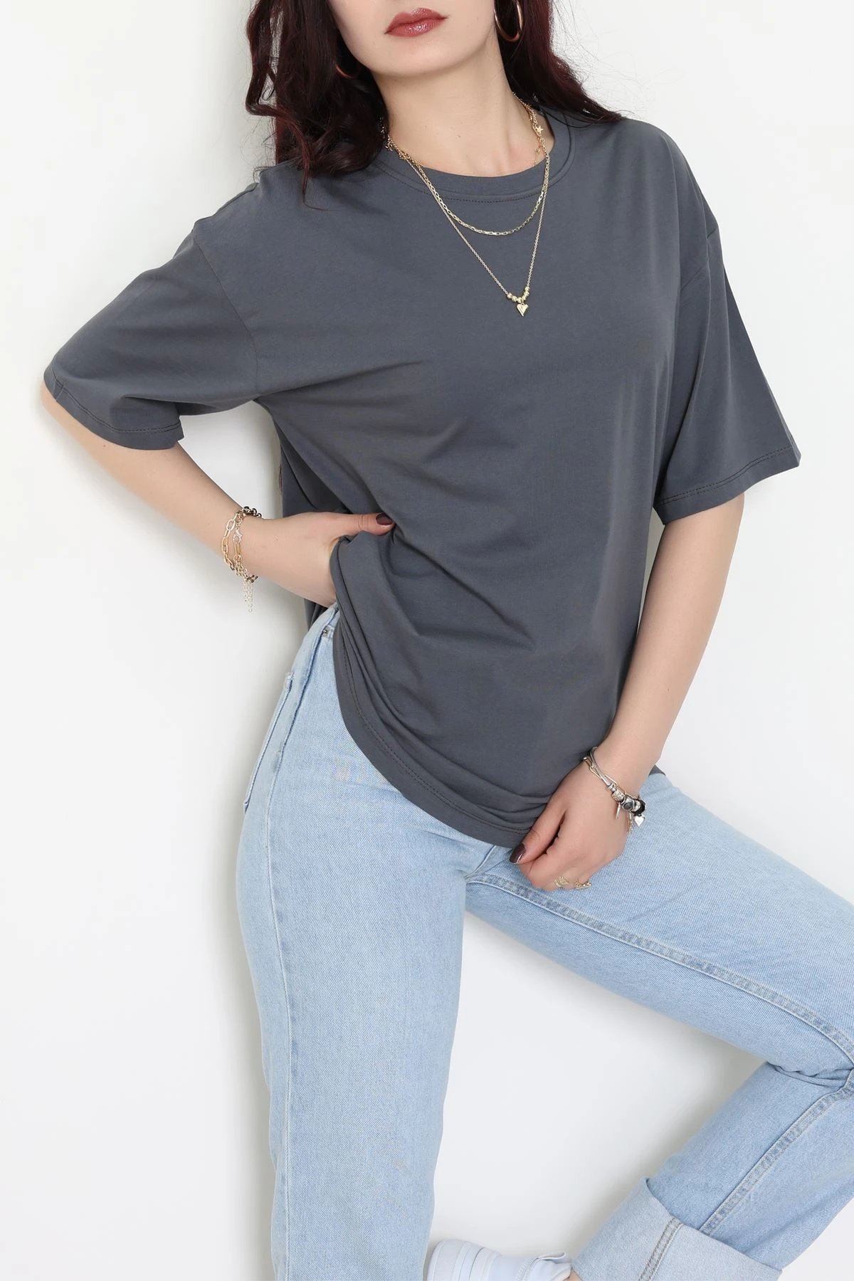 Kompak Penye Unisex Baskısız Oversize Tişört Antrasit - 55045.1872.