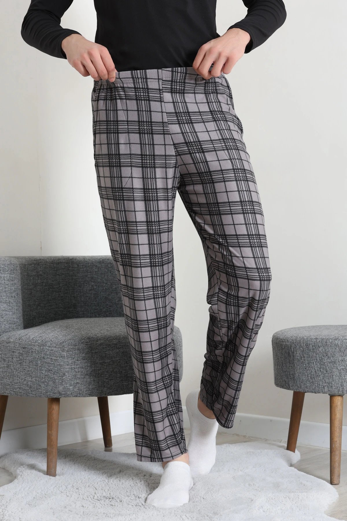 Süet Cepli Erkek Pijama Alt Gri
