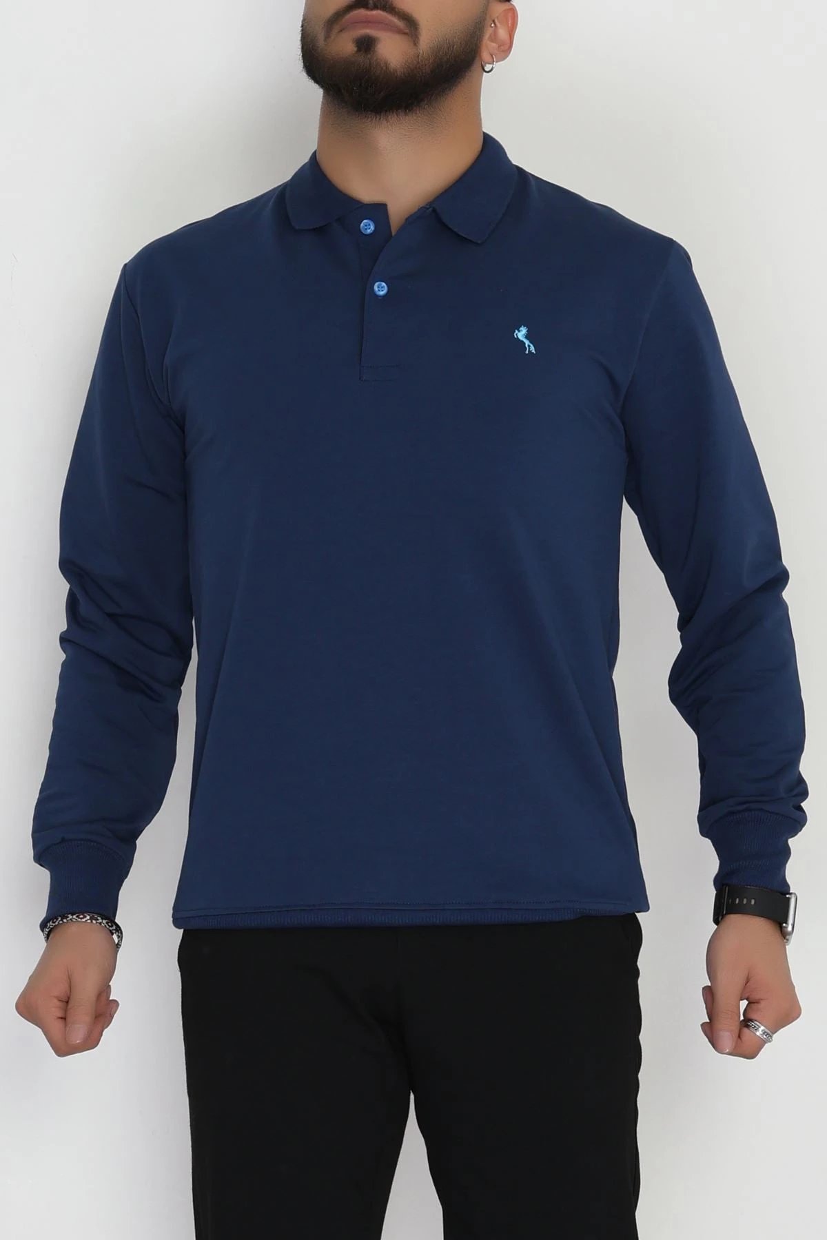 2 İplik Likralı Polo Yaka Erkek Sweat Lacivert