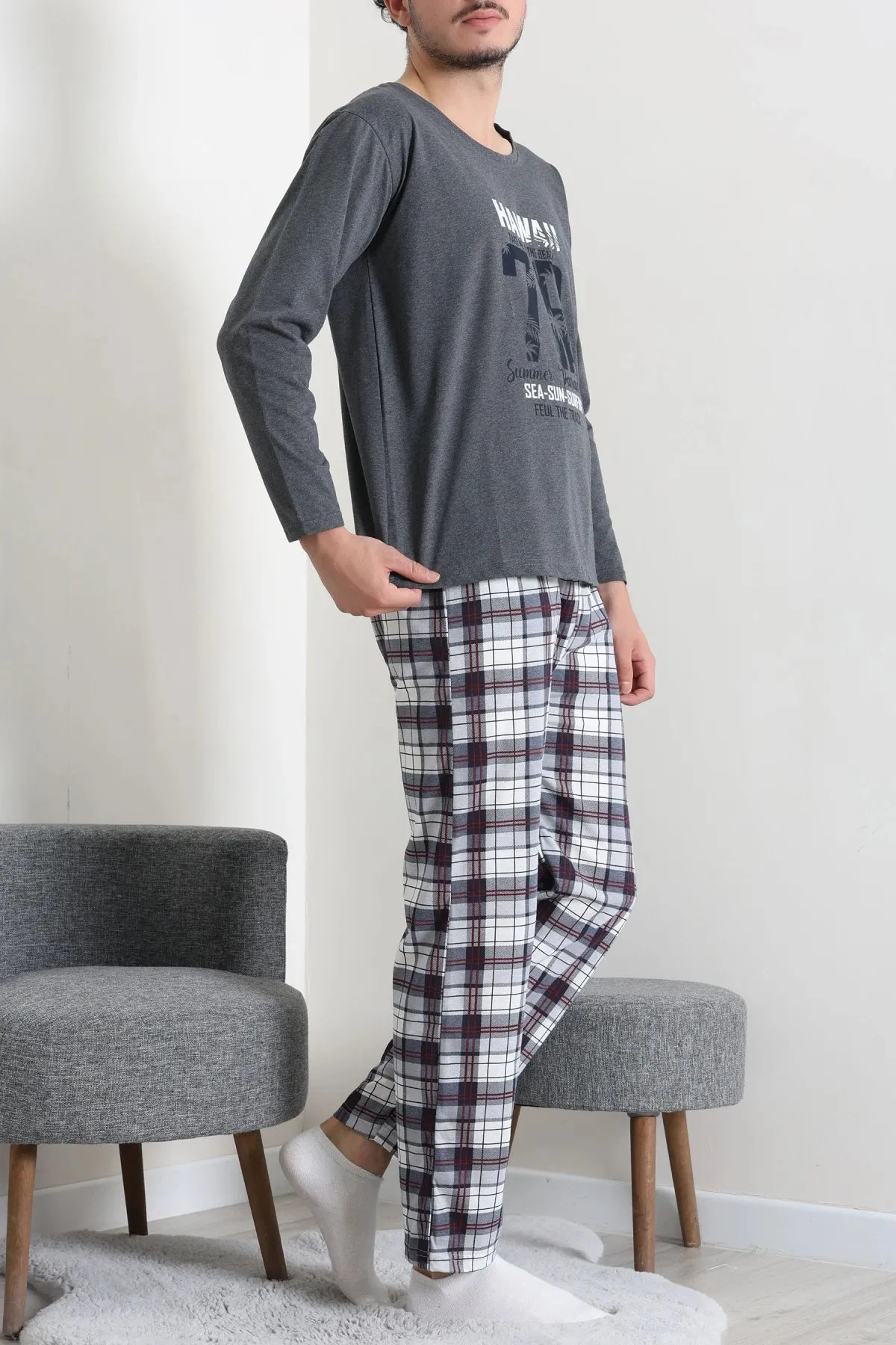 Baskılı Erkek Pijama Takımı Füme