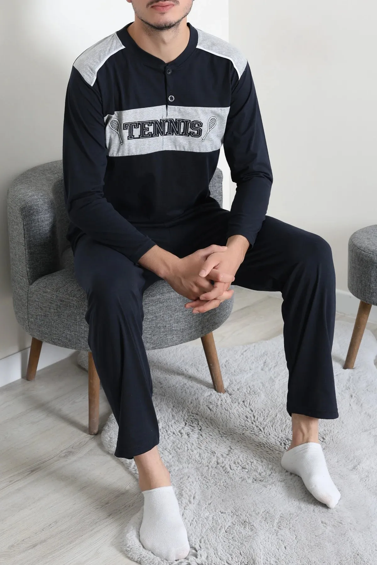 Süprem Patlı Garnili Erkek Pijama Takımı Lacivert