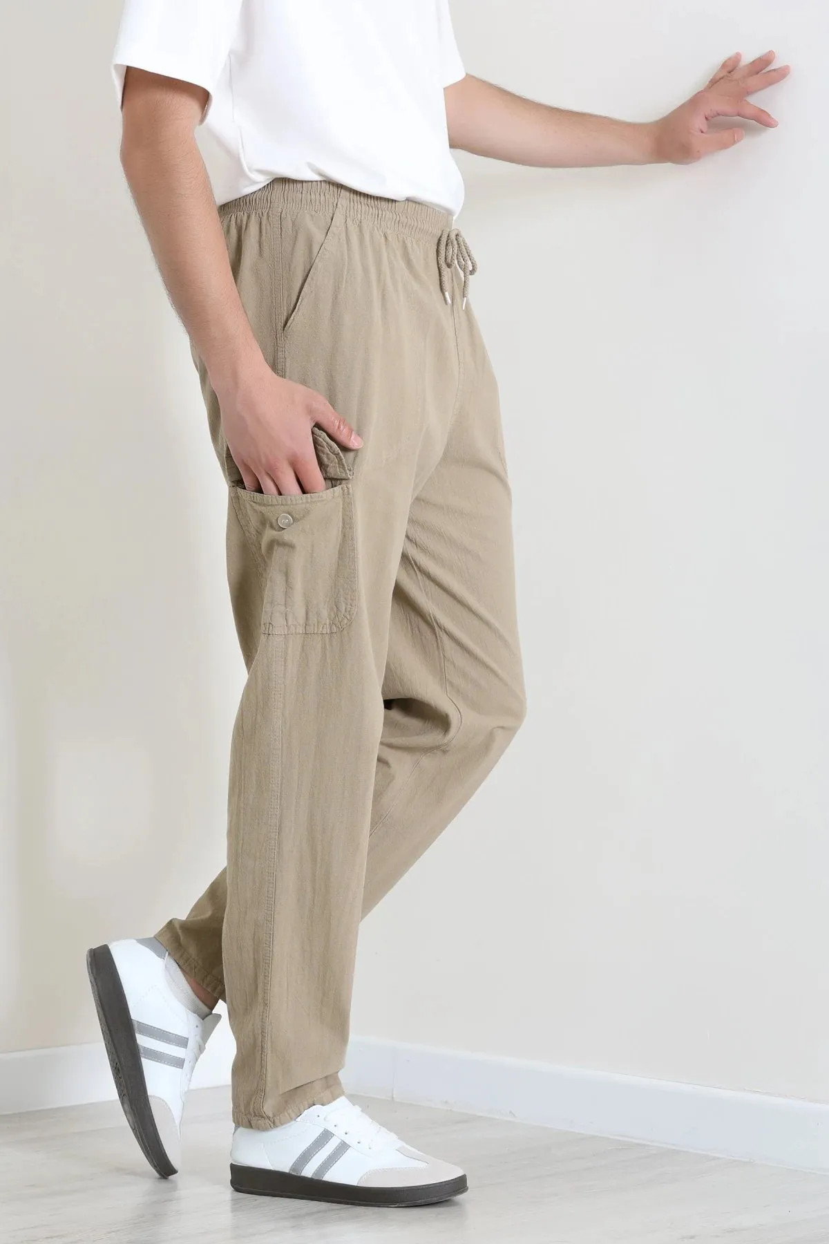 Keten Beli Lastikli Kargo Cepli Erkek Pantolon Bej