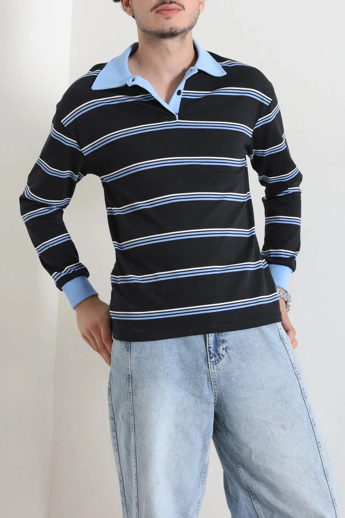 Polo Yaka Çizgili İnterlok Erkek Sweat Lacibeyaz