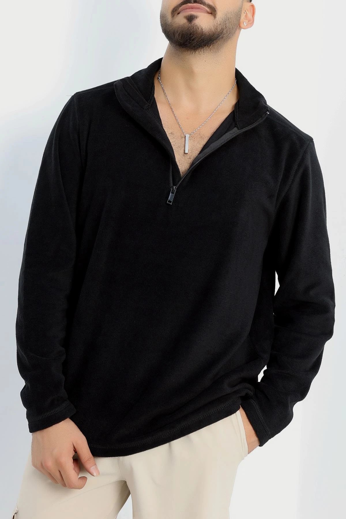 Yarım Fermuar Erkek Polar Sweat Siyah