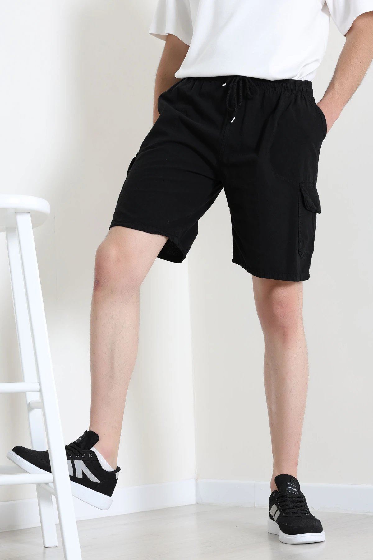 Keten Beli Lastik Kargo Cep Şort Siyah - 75184.2170.