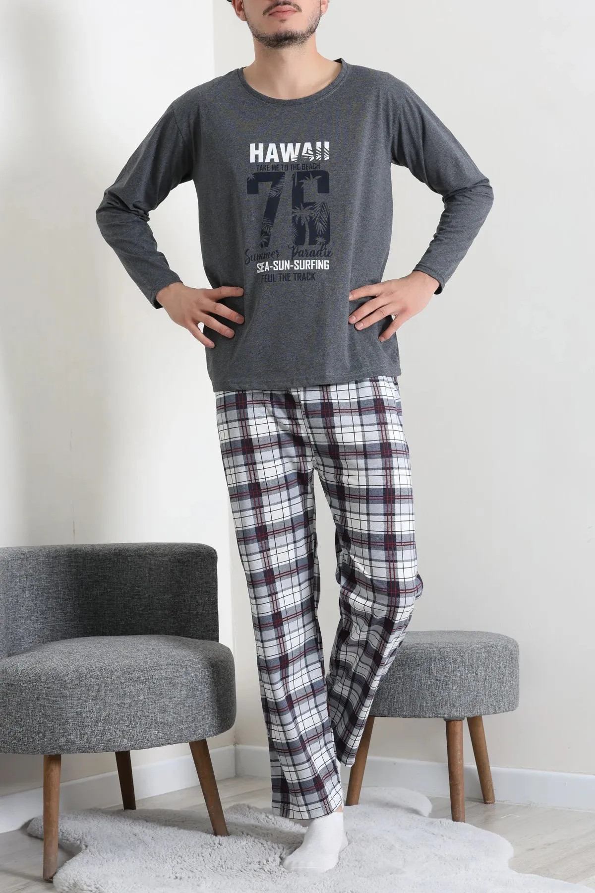 Baskılı Erkek Pijama Takımı Füme