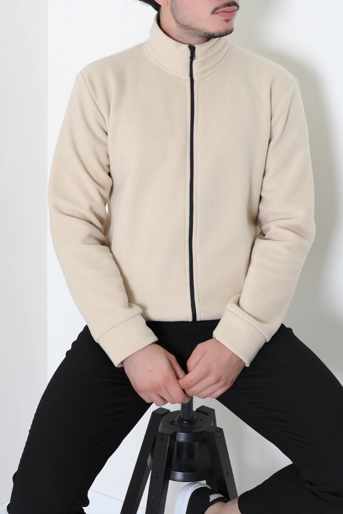Polar Fleto Cepli Fermuarlı Erkek Sweat Bej