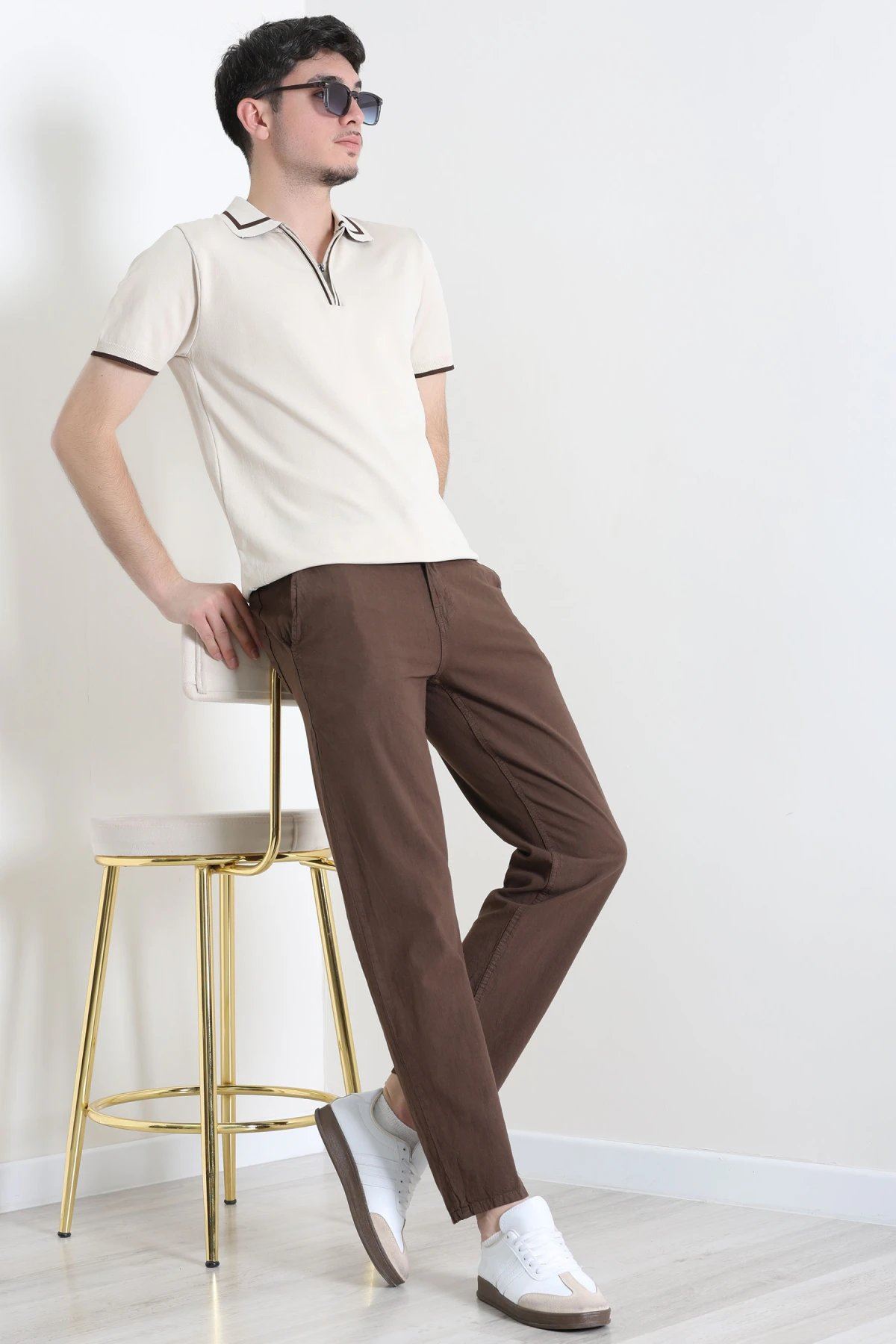 Regular Fit Keten Erkek Pantolon Kahve - 71879.1947.