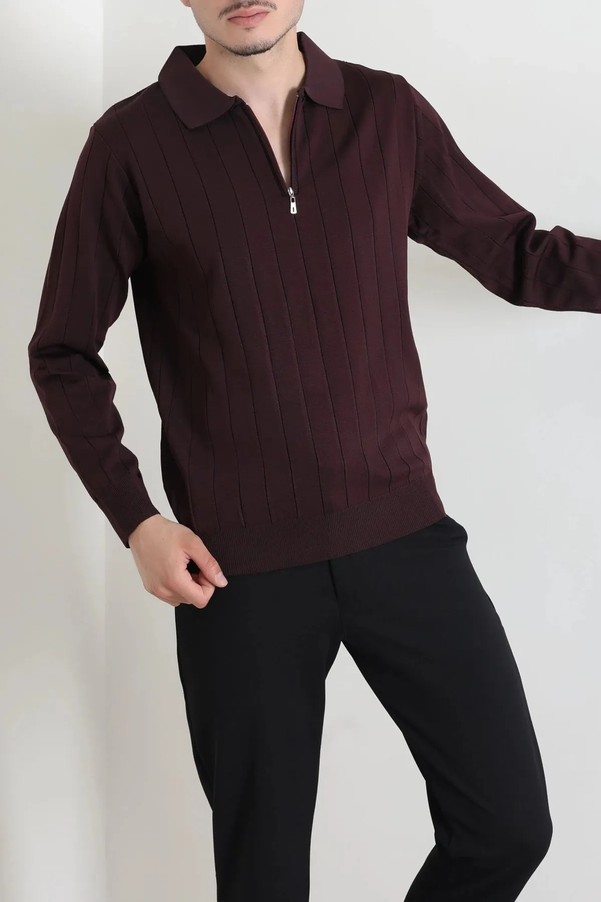 Polo Yaka Yarım Fermuarlı Erkek Triko Mürdüm