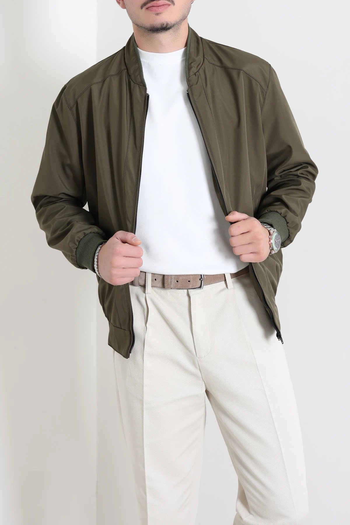 Bondit Dik Yaka Erkek Bomber Ceket Haki