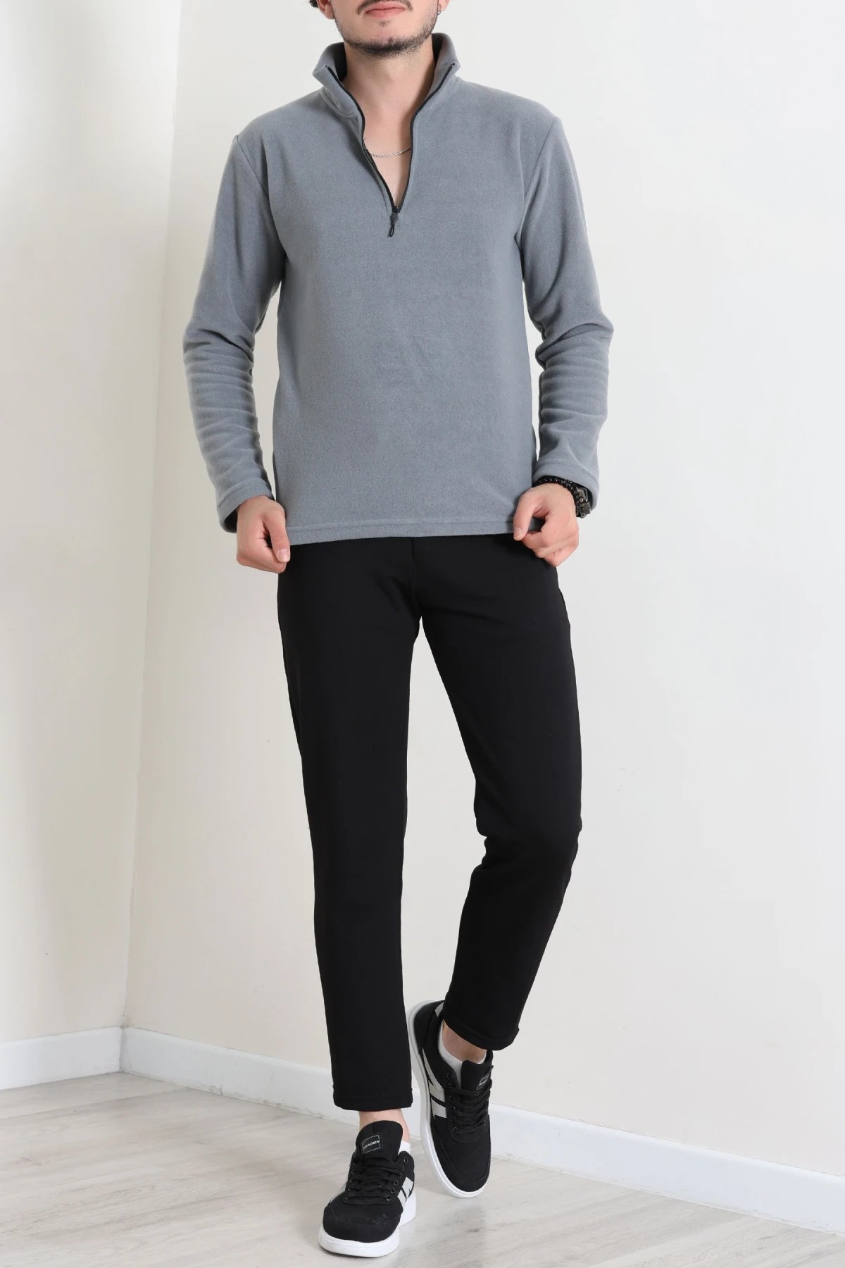 Yarım Fermuarlı Polar Erkek Sweat Füme