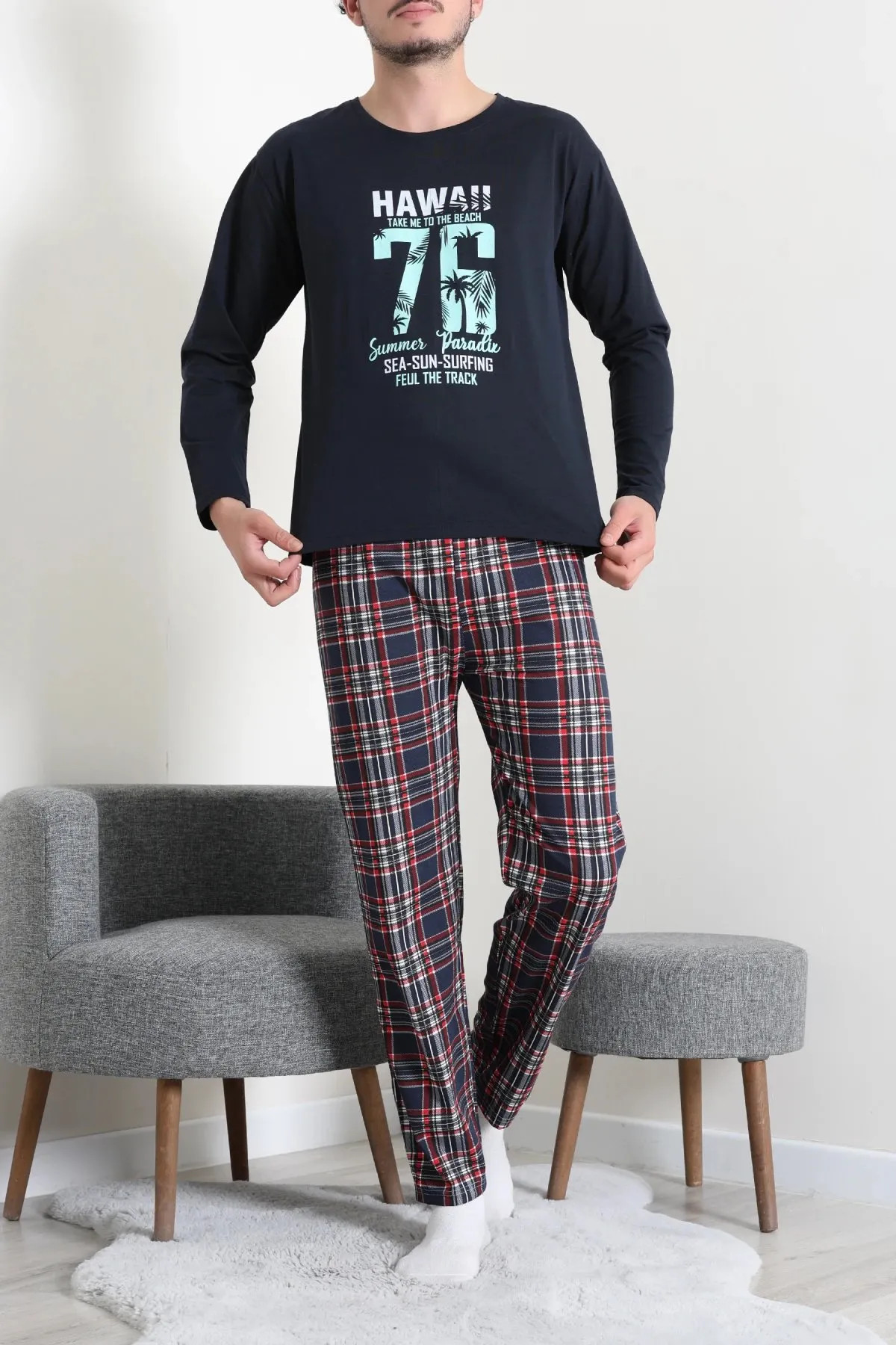 Baskılı Erkek Pijama Takımı Koyulaci