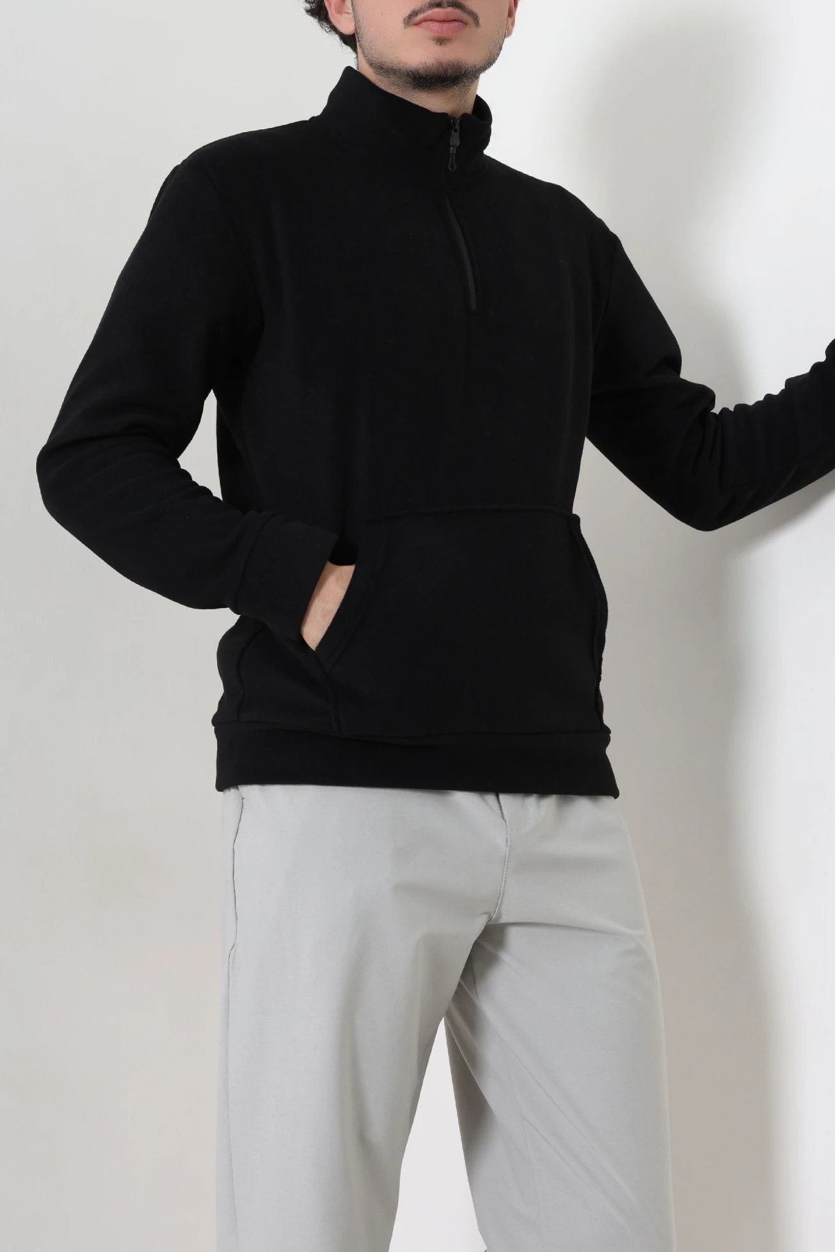 Yarım Fermuar Kanguru Cepli Erkek Polar Sweat Siyah