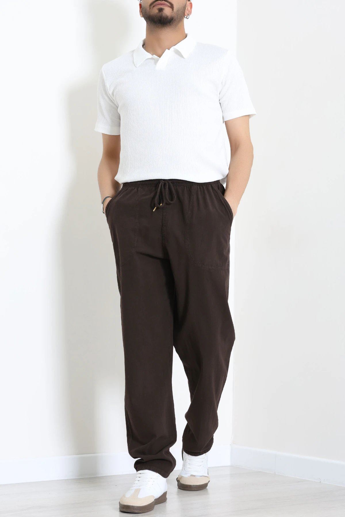 Beli Lastikli Keten Rahat Kesim Erkek Pantolon Kahve - 71607.2170.