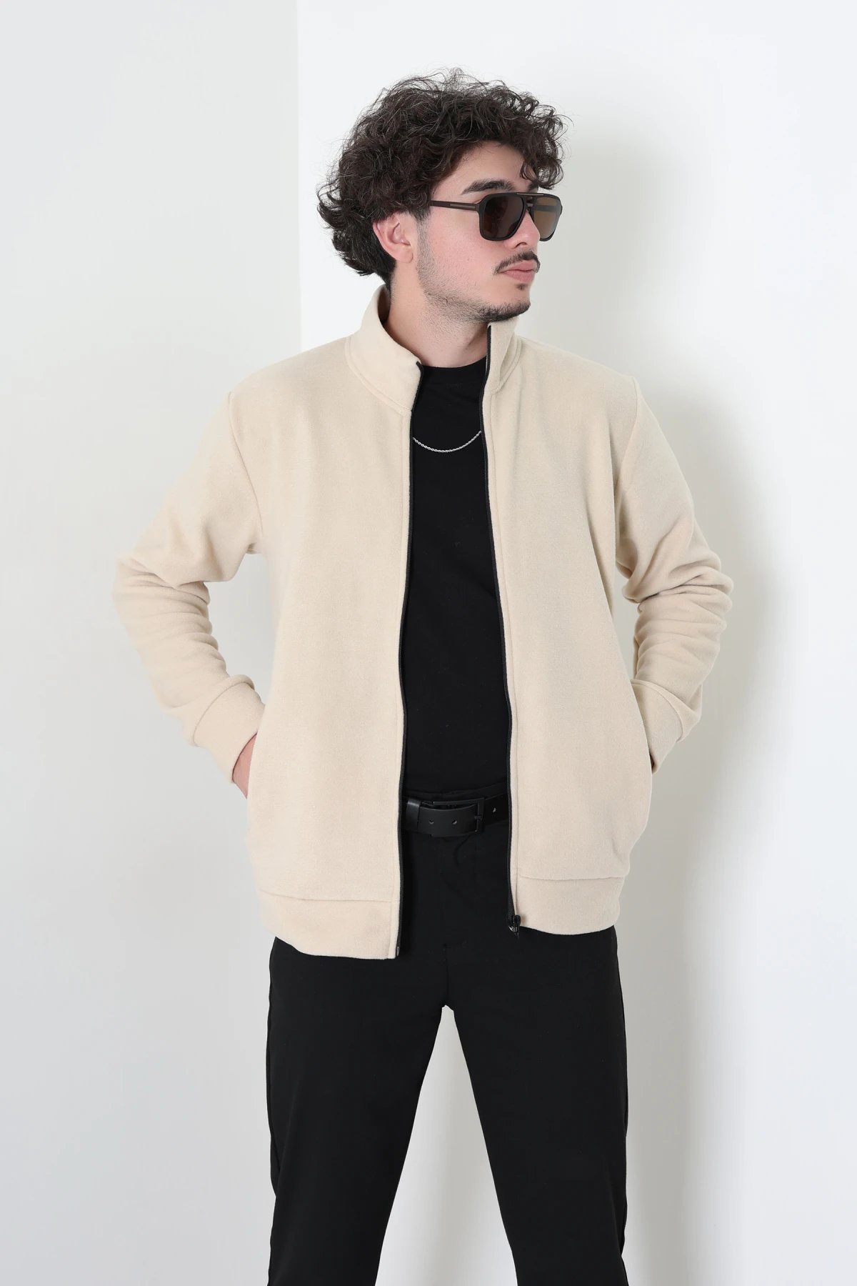 Polar Fleto Cepli Fermuarlı Erkek Sweat Bej