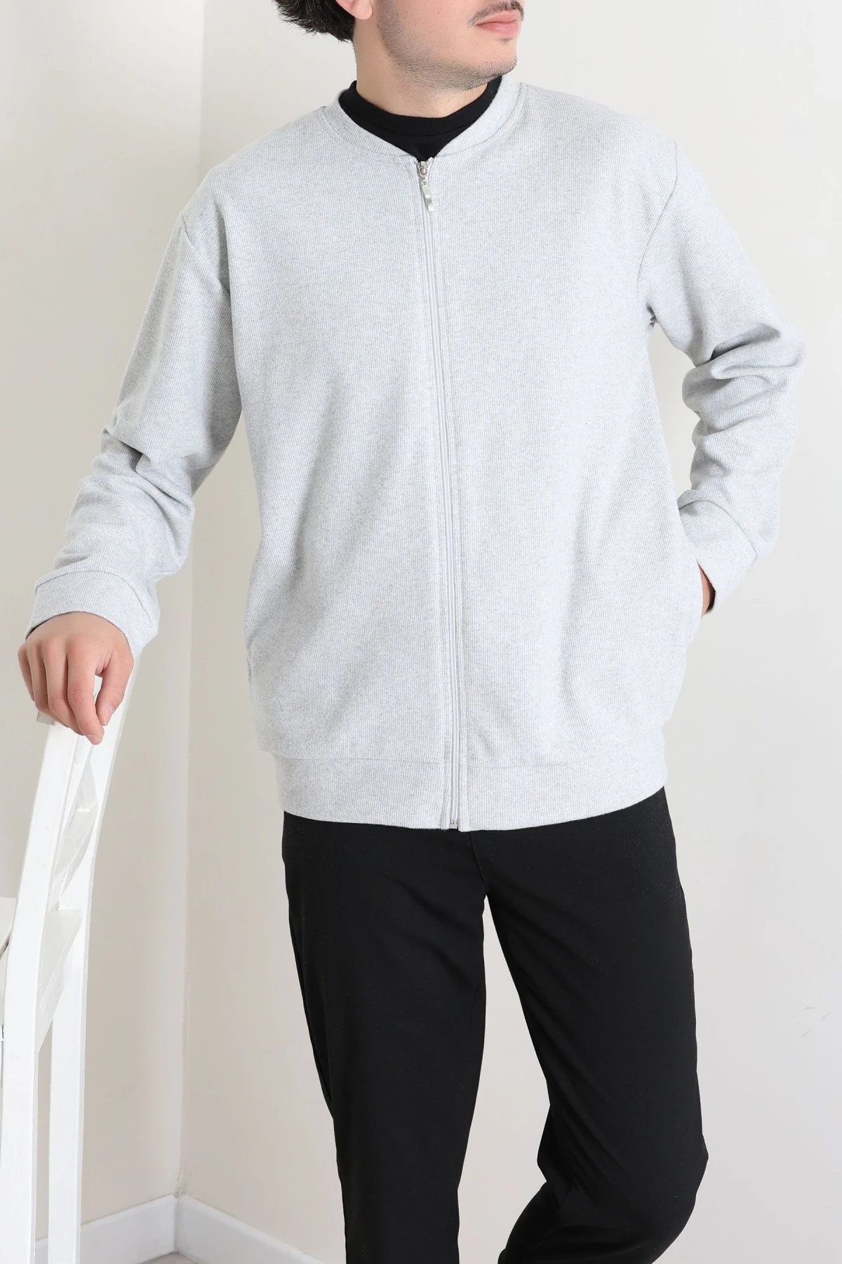 Fermuarlı Selanik Kumaş Erkek Sweat Gri