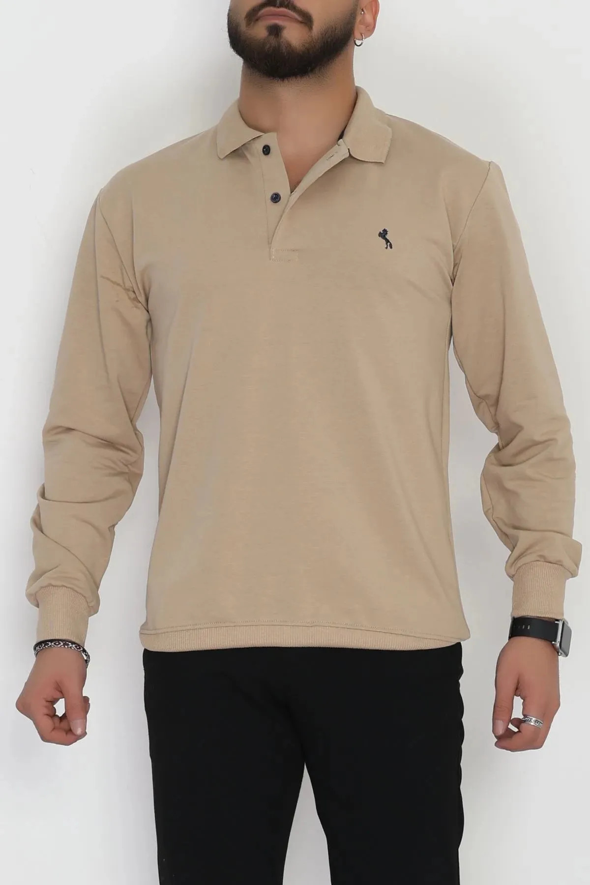 2 İplik Likralı Polo Yaka Erkek Sweat Sütlükahve