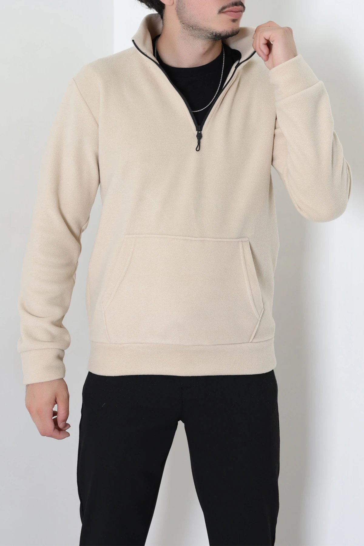 Yarım Fermuar Kanguru Cepli Erkek Polar Sweat Bej