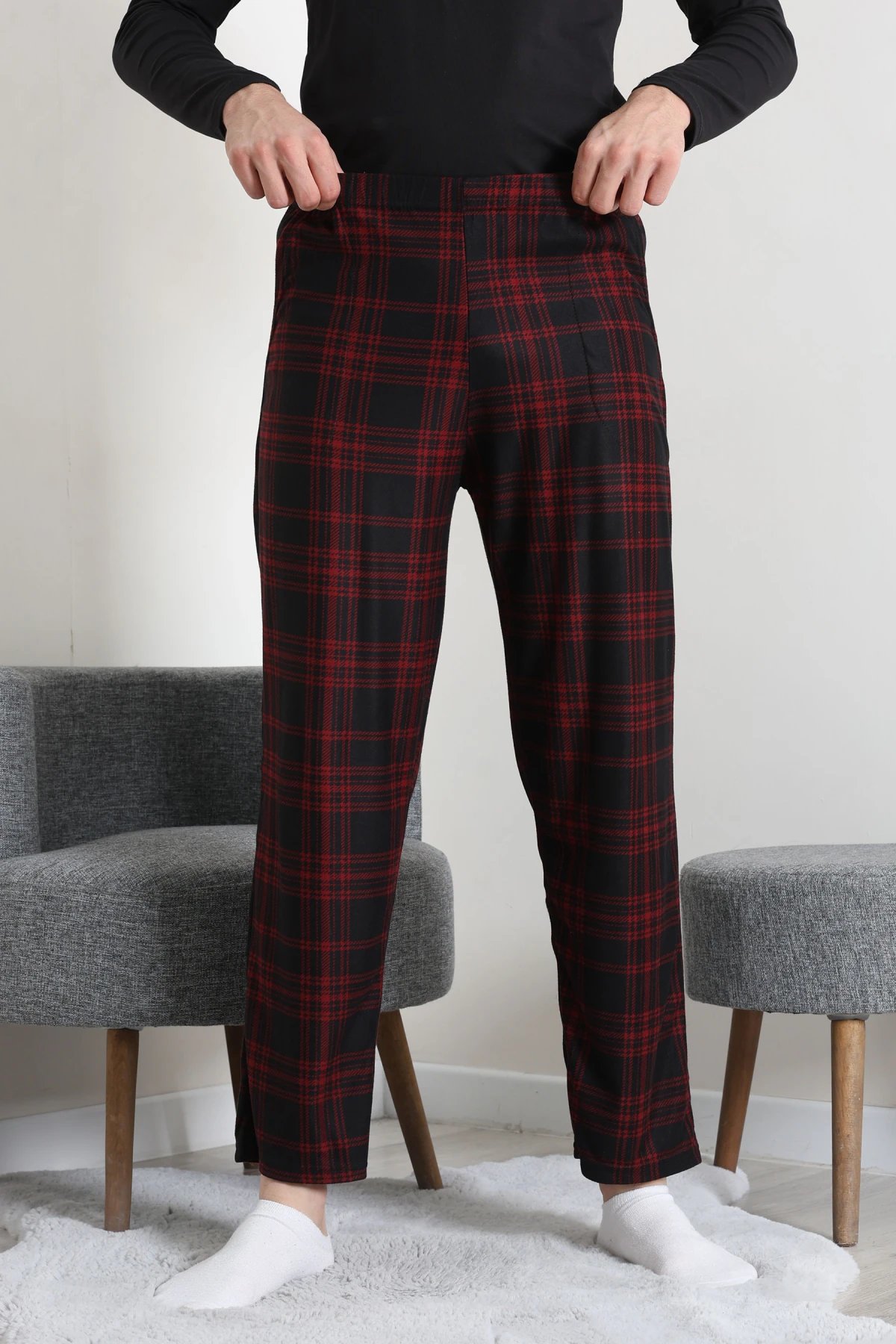 Süet Cepli Erkek Pijama Alt Bordo