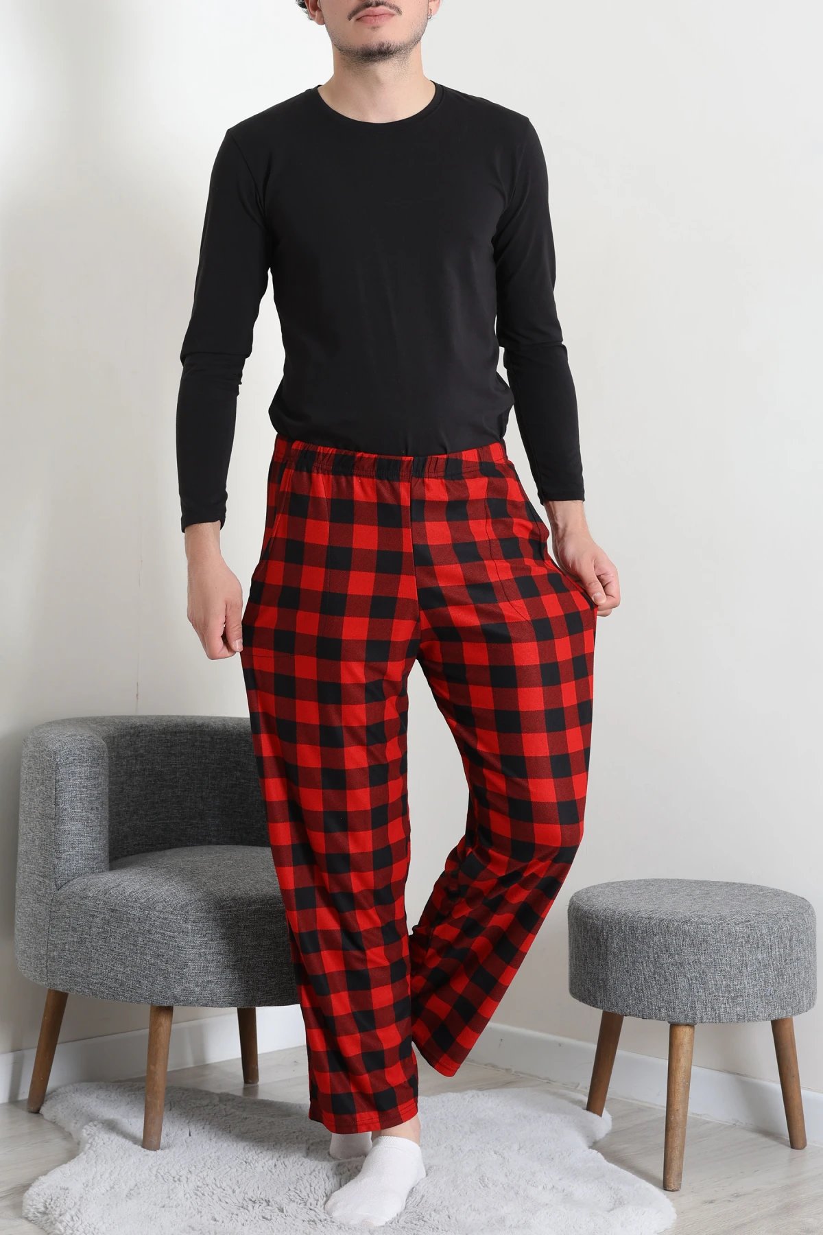 Süet Cepli Erkek Pijama Alt Kırmızı