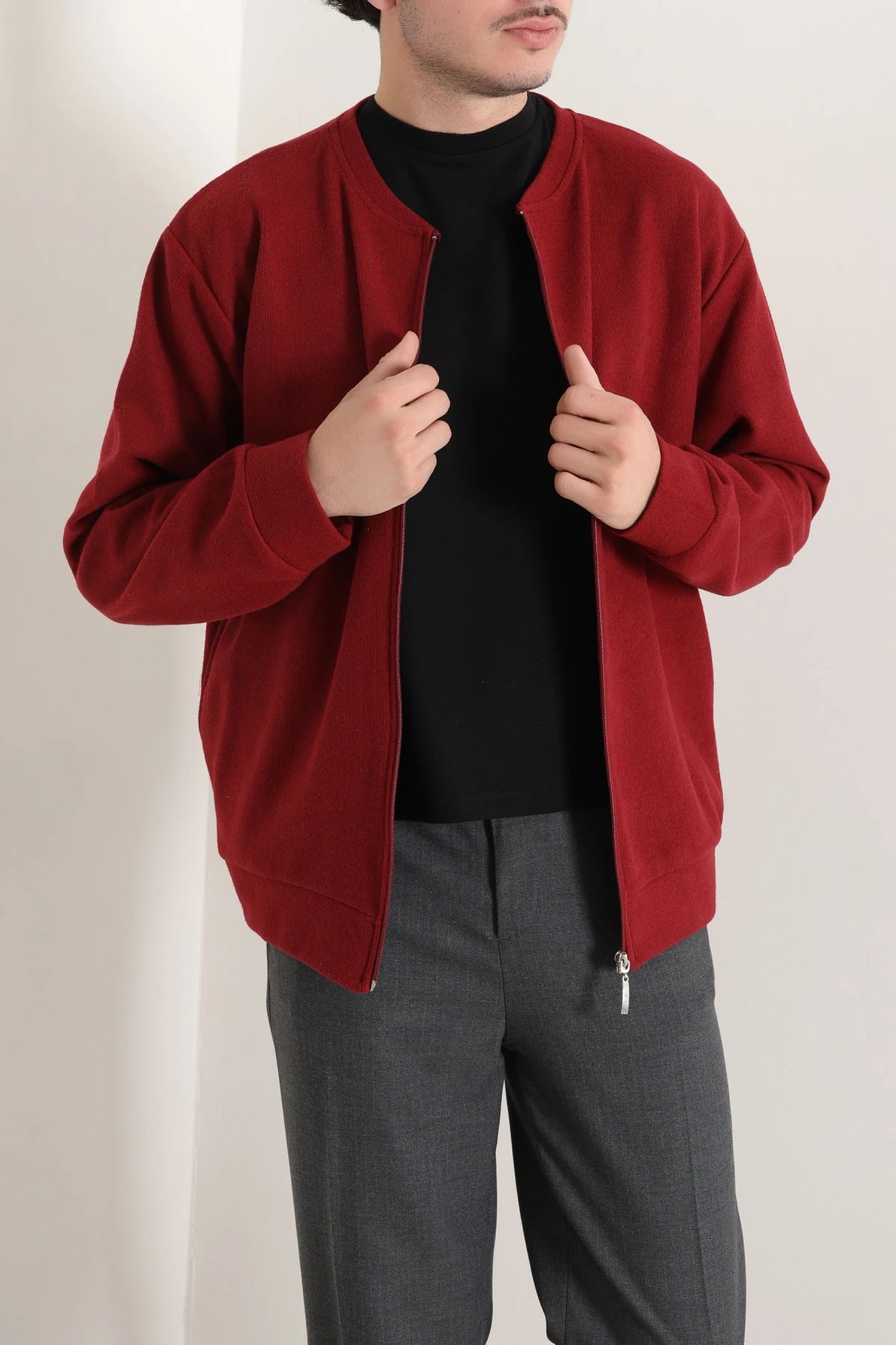 Fermuarlı Selanik Kumaş Erkek Sweat Bordo