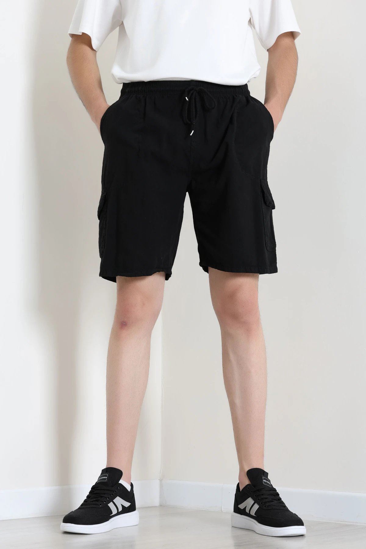 Keten Beli Lastik Kargo Cep Şort Siyah - 75184.2170.
