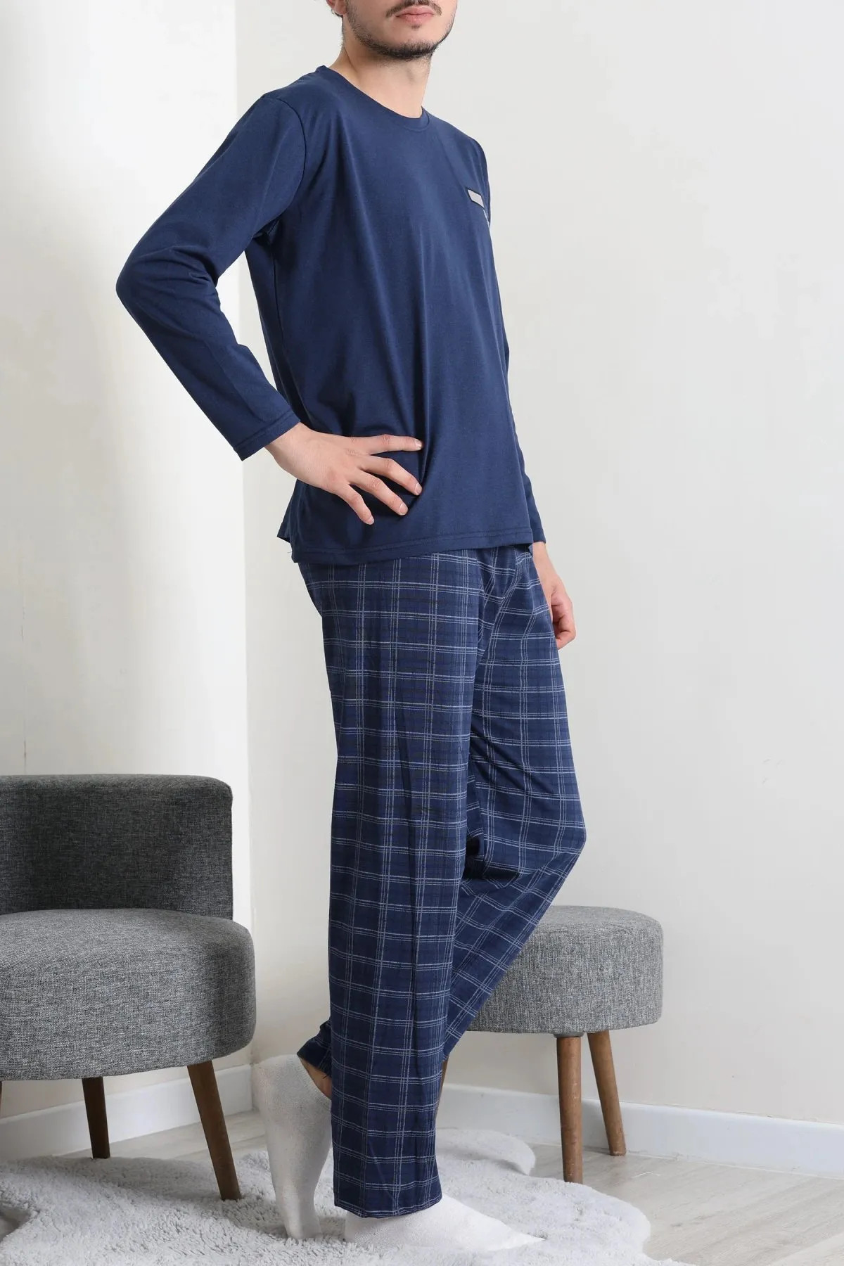 Süprem Ekose Erkek Pijama Takımı İndigo