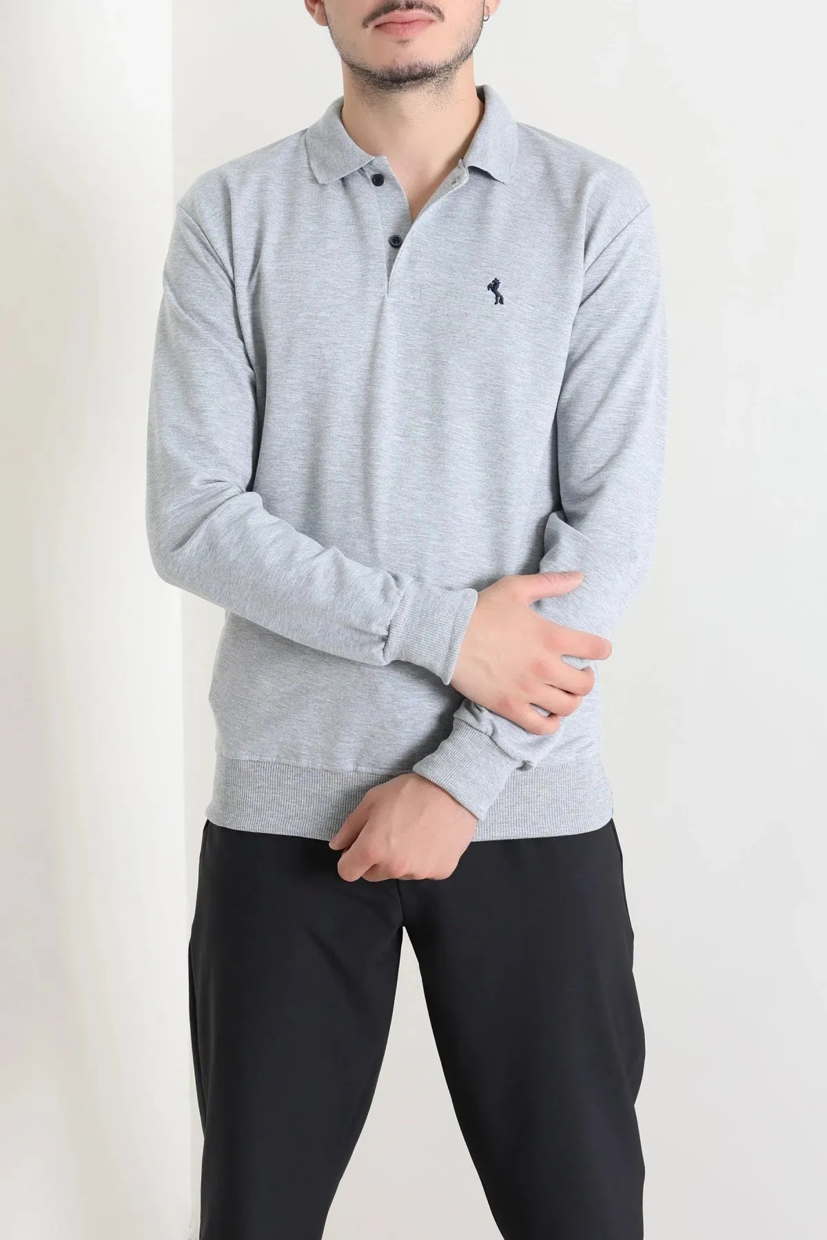 2 İplik Likralı Polo Yaka Erkek Sweat Gri