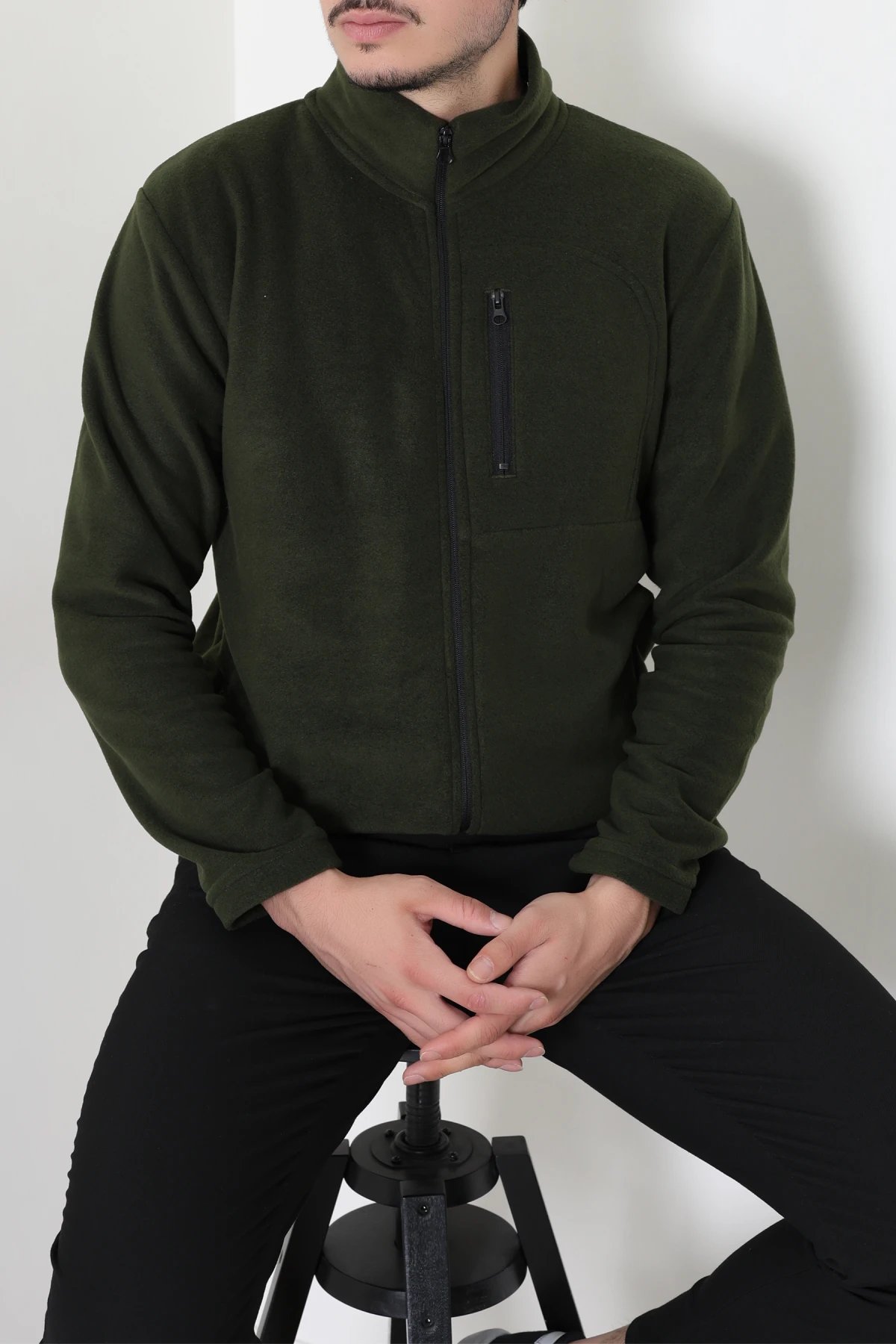 Polar Tam Fermuarlı 3 Cepli Erkek Outdoor Sweat Haki