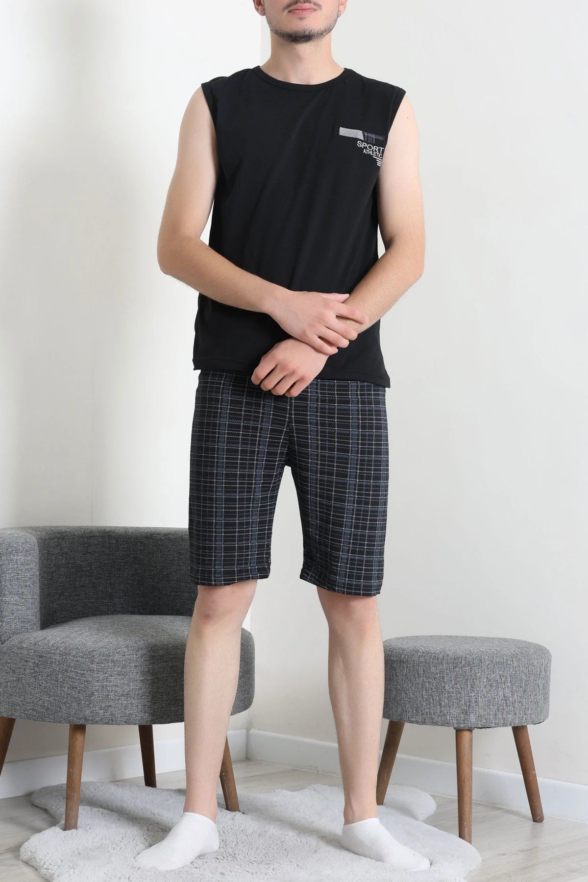 Süprem Ekose Şortlu Erkek Pijama Takım Siyahanti