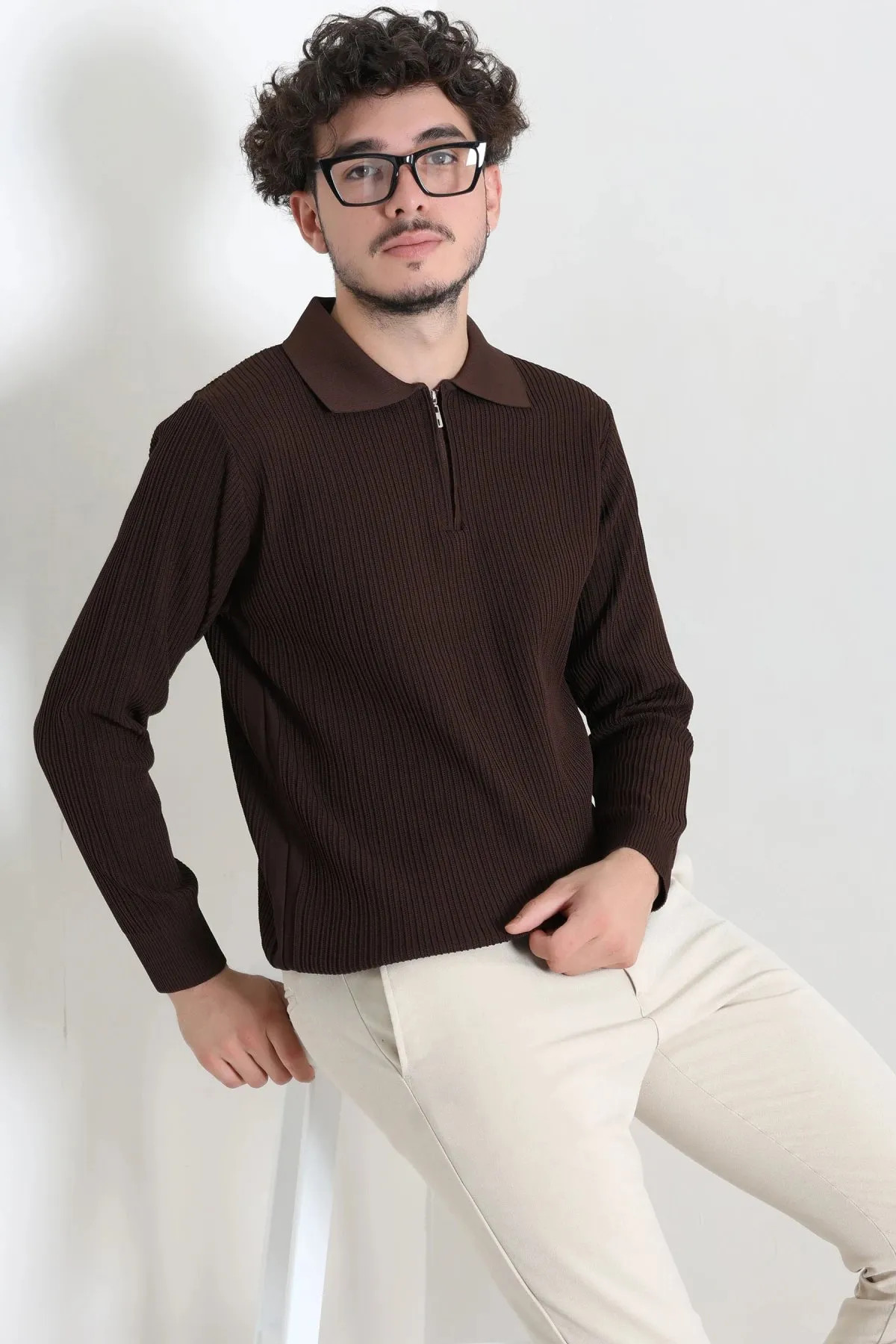 Fermuarlı Polo Yaka Düz Erkek Triko Kahve