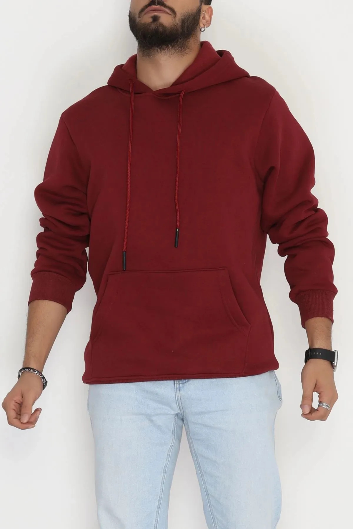 Kanguru Cepli Şardonlu 3 İplik Erkek Sweat Bordo