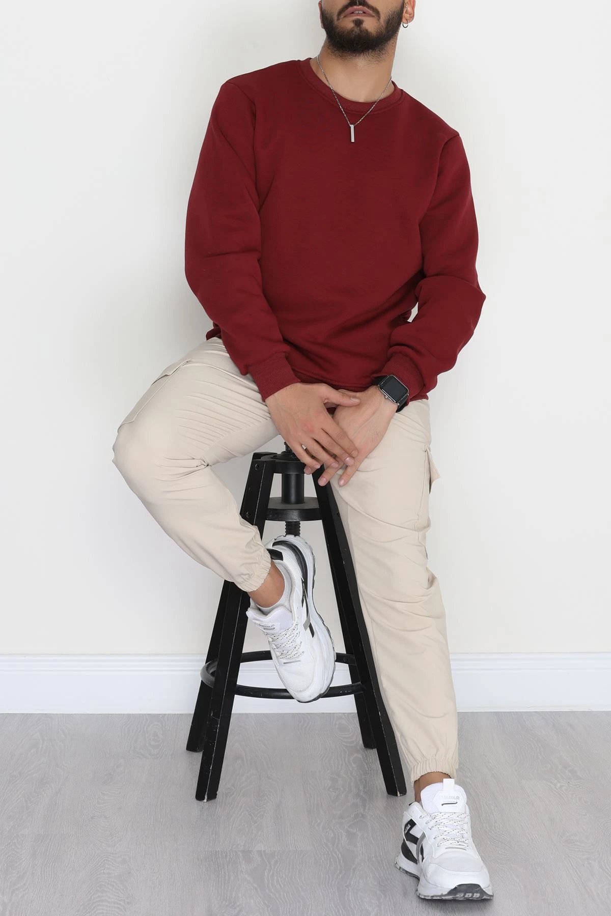 Bisiklet Yaka Şardonlu 3 İplik Erkek Sweat Bordo